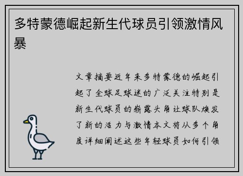 多特蒙德崛起新生代球员引领激情风暴